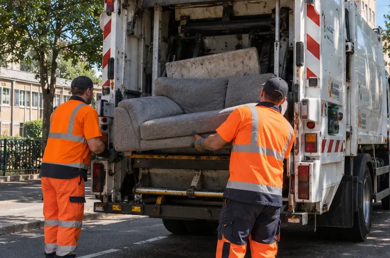 Deux agents en tenue haute visibilité chargent un canapé dans un camion de collecte des encombrants.