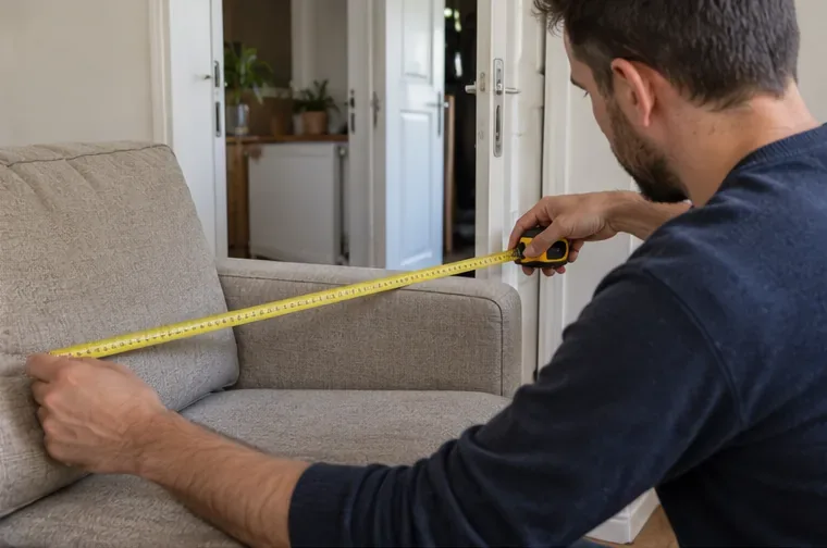 Un homme mesure la largeur d’un canapé avec un mètre ruban avant son déplacement.