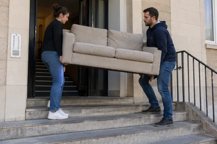 Deux personnes portent prudemment un canapé dans l’escalier d’un immeuble avant de le transporter.
