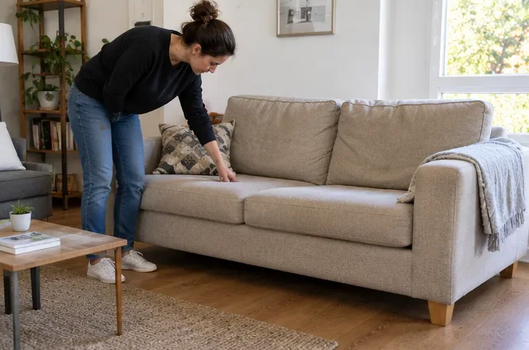 Une femme examine un canapé beige dans un salon pour vérifier son état avant de décider entre réemploi et mise au rebut.