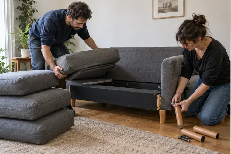 Deux personnes retirent les coussins et dévissent les pieds amovibles d’un canapé avant son déplacement.