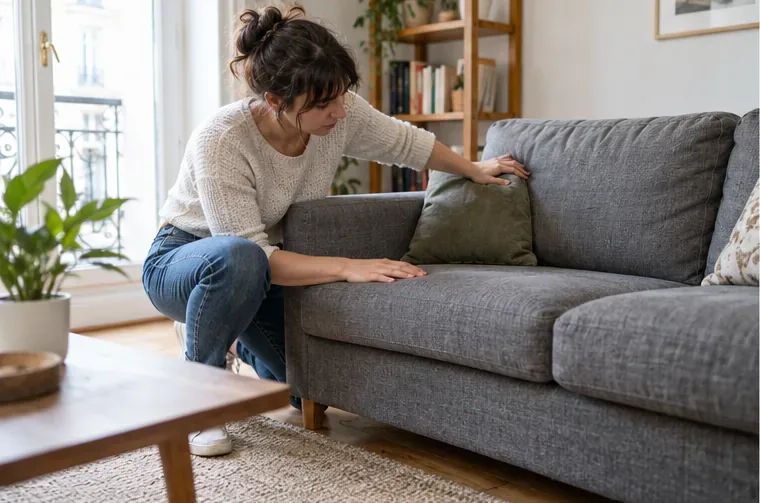 Une habitante examine les coussins et le revêtement d’un canapé gris dans un salon lumineux.