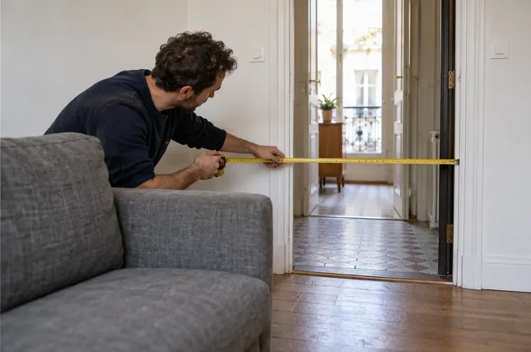 Un habitant mesure la largeur d’un canapé et celle d’une porte intérieure à l’aide d’un mètre ruban.