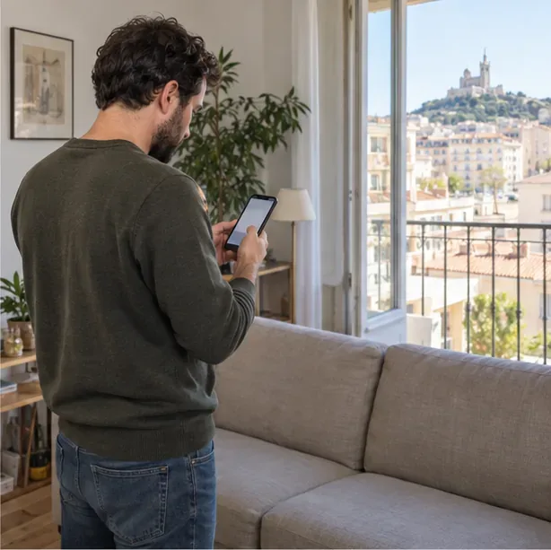 Un habitant utilise son téléphone près d’un canapé pour préparer une demande de collecte des encombrants