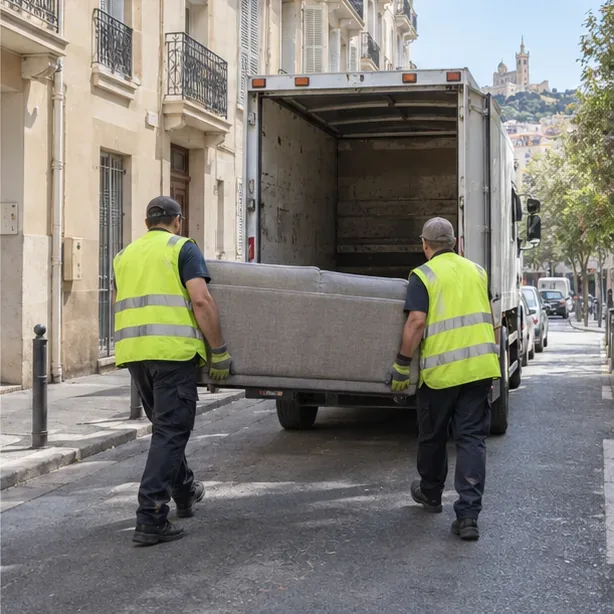 Deux agents chargent un canapé dans un camion de collecte devant un immeuble marseillais