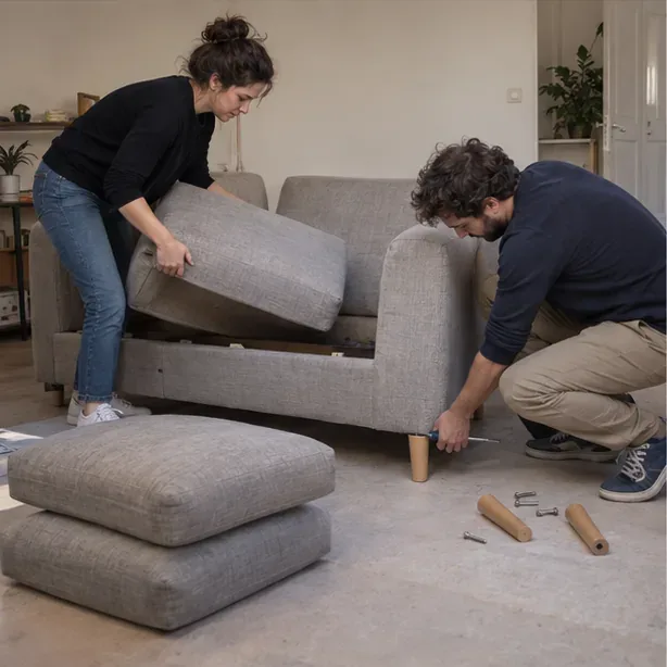Deux personnes retirent un coussin et démontent prudemment le pied d’un canapé avant son déplacement