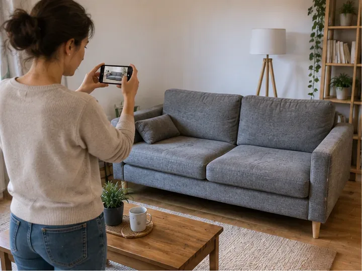 Une personne photographie un canapé gris encore monté dans un salon afin d’évaluer son état avant don ou évacuation.