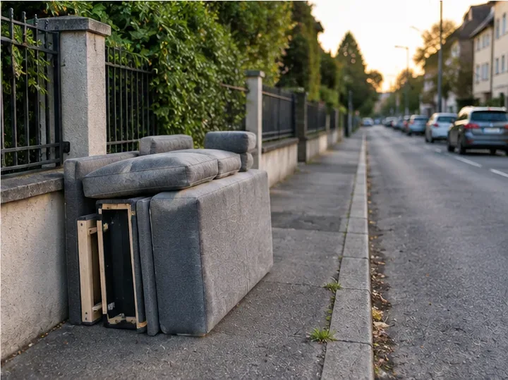 Les différentes parties d’un canapé démonté sont rangées près d’un mur en bord de trottoir sans empiéter sur le passage.
