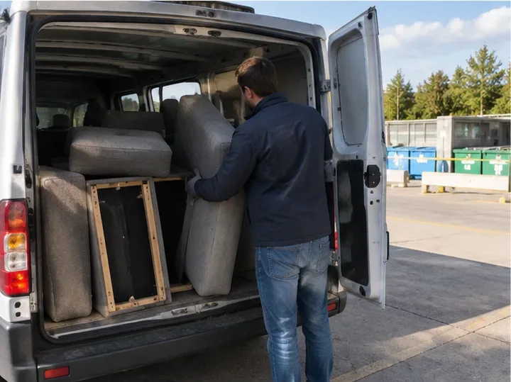 Des éléments démontés d’un canapé sont chargés dans un utilitaire devant une zone de déchèterie.