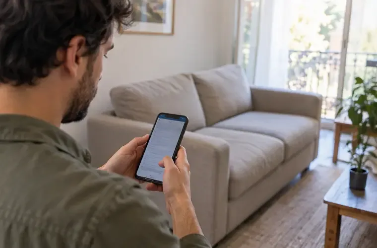 Un habitant consulte son smartphone à côté d’un canapé dans un salon