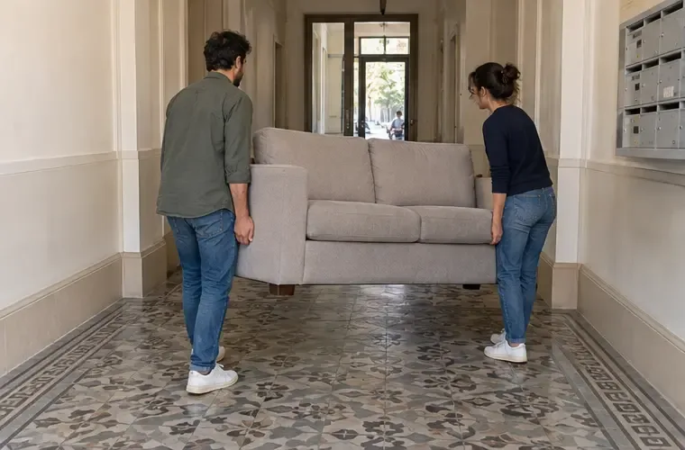Deux adultes déplacent prudemment un canapé dans le couloir d’un immeuble vers la sortie