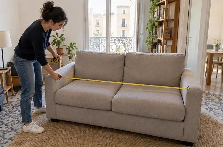Une habitante mesure la longueur d’un canapé deux places dans un appartement lumineux