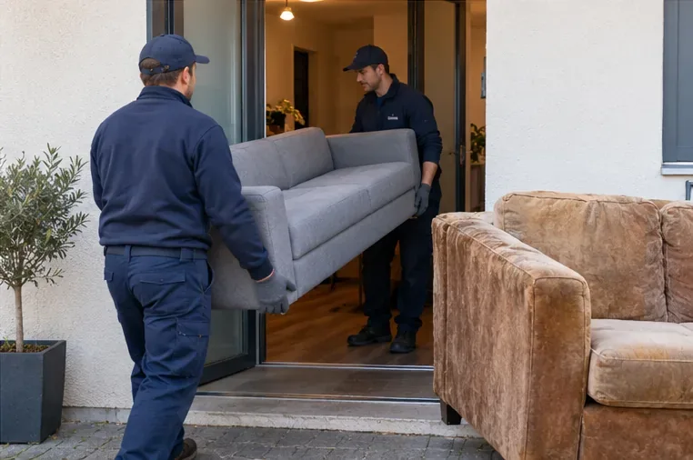Deux livreurs transportent un canapé gris à une porte tandis qu'un ancien canapé beige attend à l'extérieur