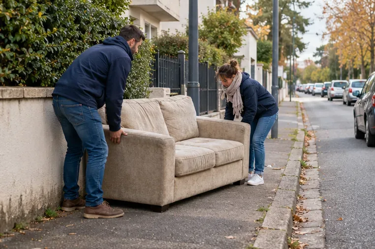 Deux personnes déplacent un canapé beige sur un trottoir dégagé sans bloquer le passage