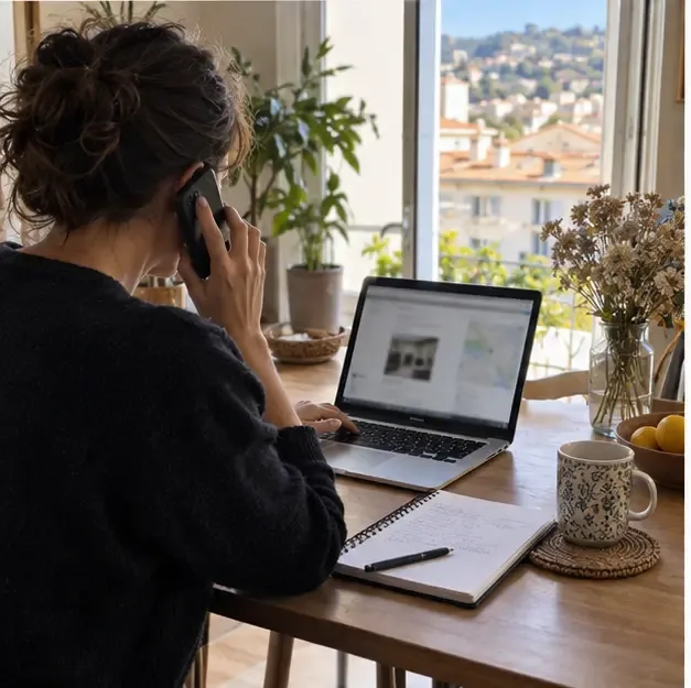Une personne utilise un téléphone et un ordinateur portable à une table pour préparer une demande de collecte des encombrants