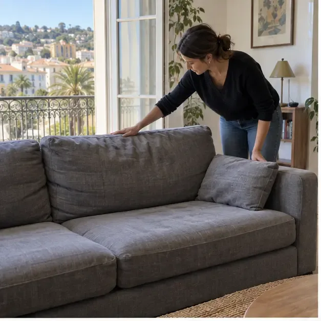 Une personne examine un canapé gris dans un appartement lumineux afin d’évaluer son état avant de le donner ou de le jeter