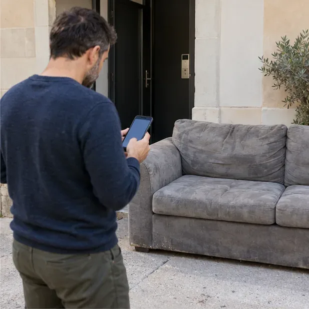 Une personne consulte son téléphone près d’un canapé pour préparer une demande d’enlèvement des encombrants