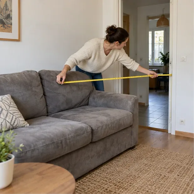 Une personne mesure la largeur d’un canapé avec un mètre ruban avant de le sortir du logement