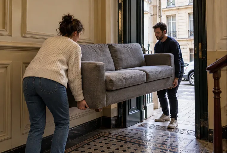 Deux personnes portent un canapé à deux vers la sortie d’un immeuble parisien en prenant soin de le maintenir stable