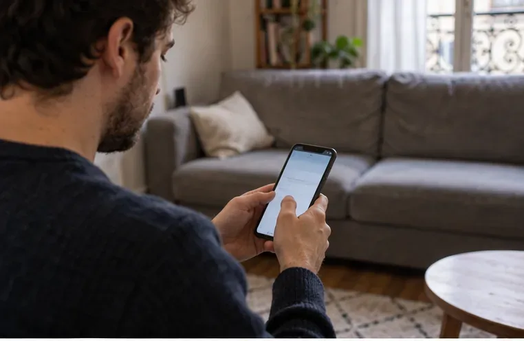 Un habitant consulte un formulaire sur son téléphone pour demander l’enlèvement d’un canapé, sans texte lisible à l’écran