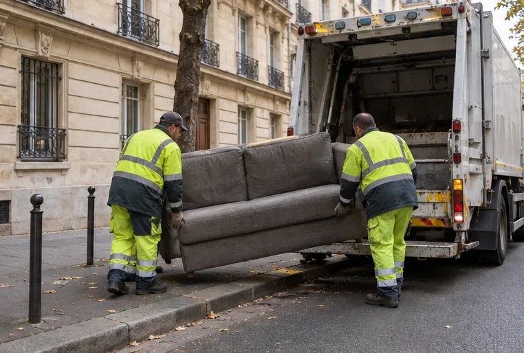 Des agents chargent un canapé depuis le trottoir dans un camion de collecte devant un immeuble parisien