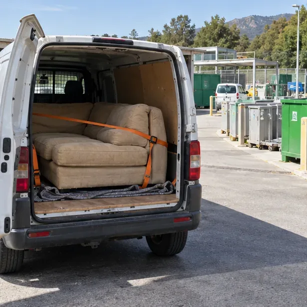 Un canapé beige sanglé dans un véhicule utilitaire ouvert devant un site de dépôt