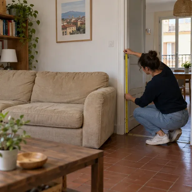 Une personne mesure l’espace près d’un canapé beige dans un appartement