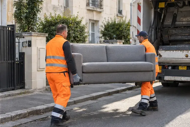 Deux agents en tenue de sécurité déplacent un canapé vers un camion de collecte devant une maison