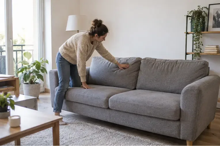 Une personne inspecte l’état d’un canapé gris dans un salon lumineux avant de choisir entre don et évacuation