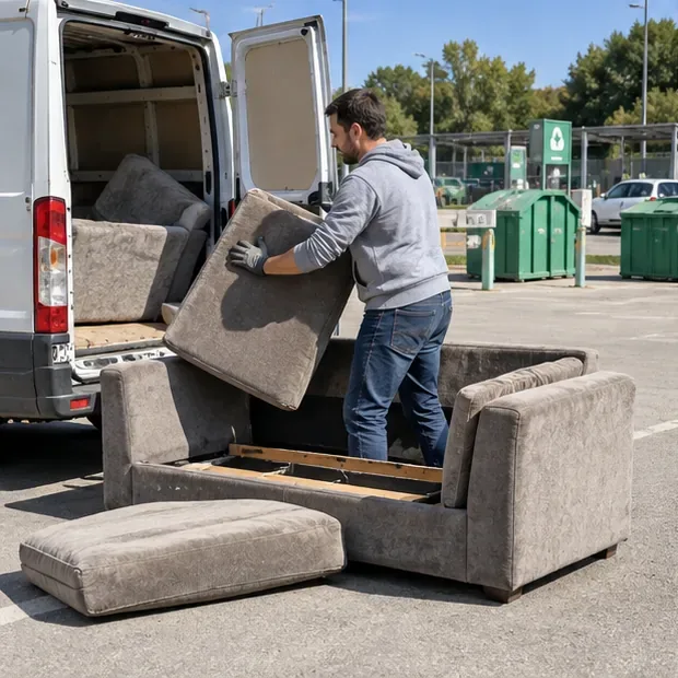 Un canapé démonté et ses coussins sont chargés dans un utilitaire près de conteneurs de tri dans un site de collecte.