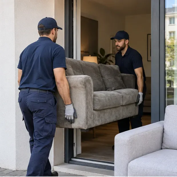 Deux professionnels transportent un canapé à travers une porte, situation comparable à une reprise lors de la livraison d’un meuble neuf.