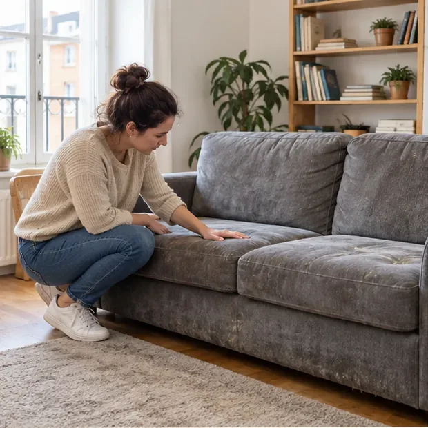 Une personne examine l’état d’un canapé gris dans un salon avant de décider s’il peut être donné, repris ou jeté.