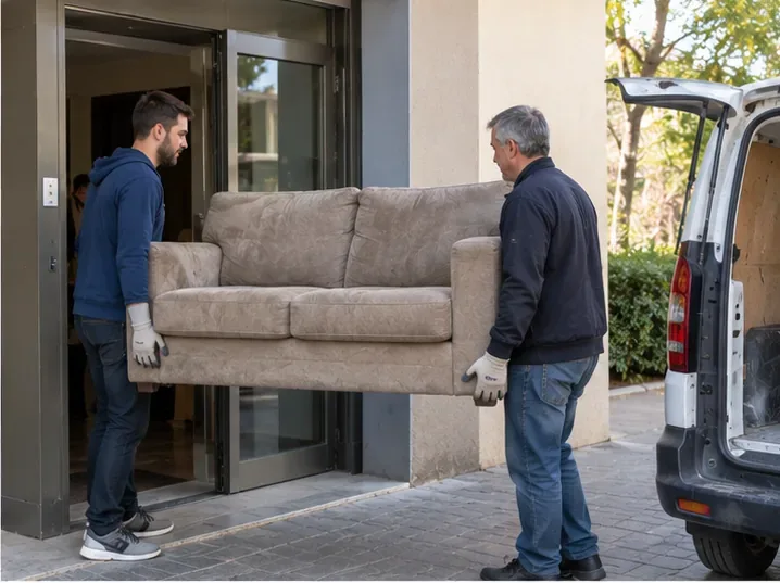 Deux personnes transportent un canapé vers un véhicule utilitaire pour l'emmener vers une solution autorisée.