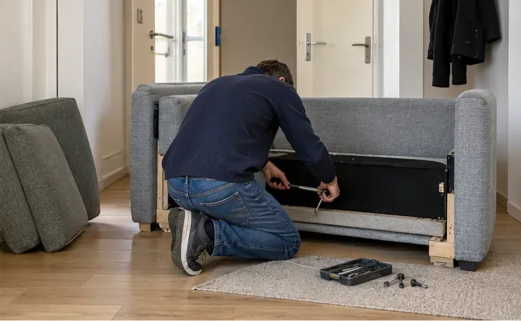 Personne démontant prudemment les éléments d’un canapé près d’une porte, avec les coussins posés à côté