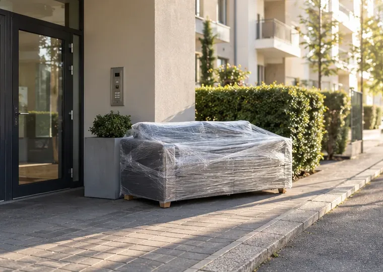 Canapé enveloppé dans un film de protection devant l’entrée d’un immeuble, sans bloquer le passage
