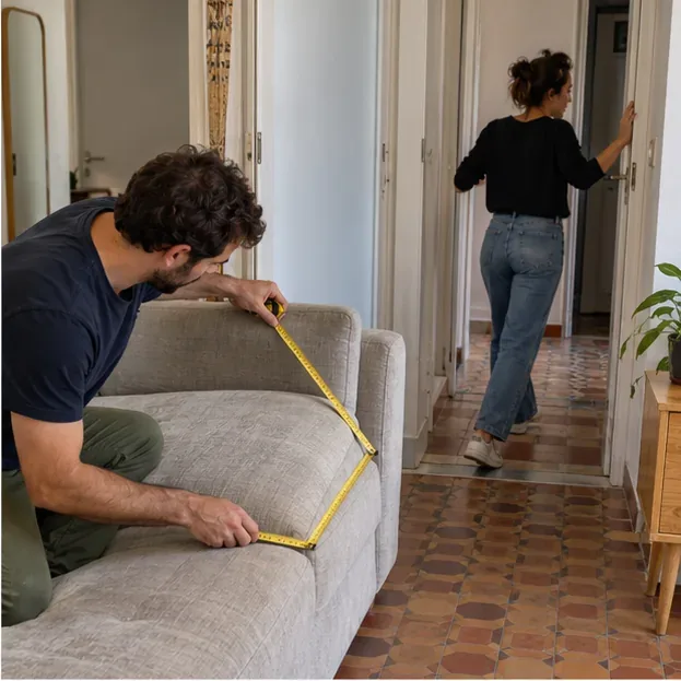 Un homme mesure la largeur d’un canapé gris avec un mètre ruban tandis qu’une autre personne vérifie le passage d’une porte