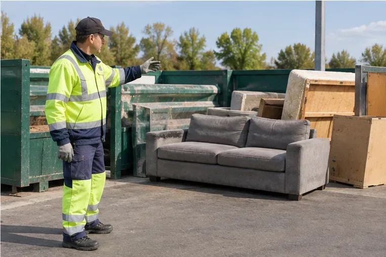 Un agent en tenue haute visibilité indique où déposer un canapé dans une zone de réception de mobilier en déchèterie.