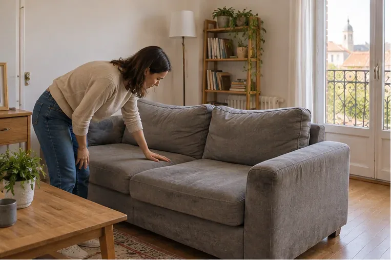 Une personne examine l’état d’un canapé gris dans un salon avant de décider s’il peut être donné, repris ou jeté.