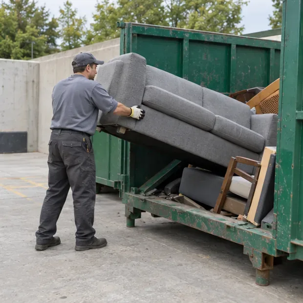 Un canapé gris est déposé par un agent dans un grand contenant de collecte du mobilier