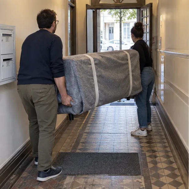 Deux adultes transportent un canapé enveloppé dans un couloir d’immeuble