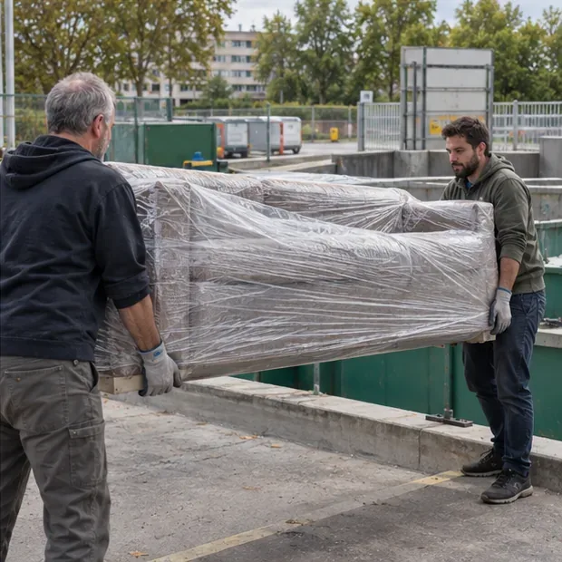 Deux personnes portent un canapé enveloppé de film plastique dans une zone de dépôt municipale