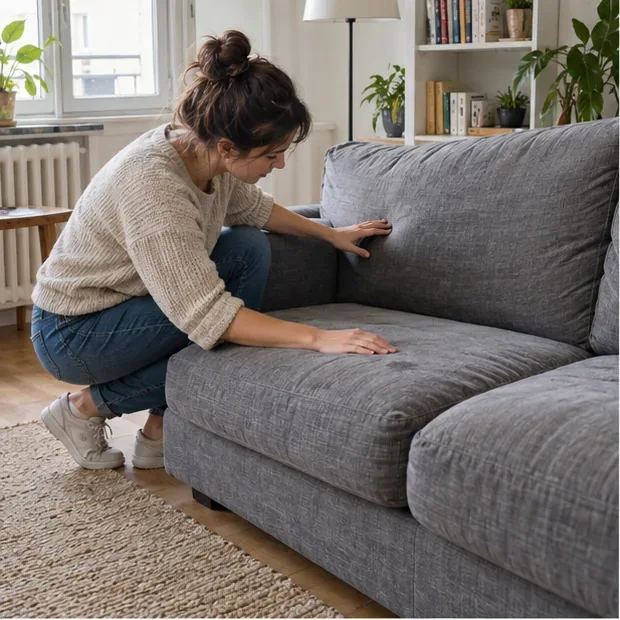 Une personne examine le tissu et les coussins d’un canapé gris dans un salon lumineux
