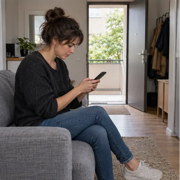 Une habitante consulte son téléphone près d’un canapé, avec la porte d’entrée dégagée