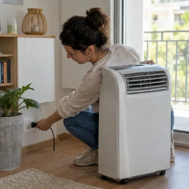Une personne débranche un climatiseur mobile avant de préparer son évacuation dans un appartement