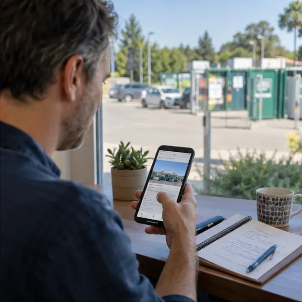Une personne consulte sur son téléphone les informations officielles d’une déchèterie près d’un centre de recyclage