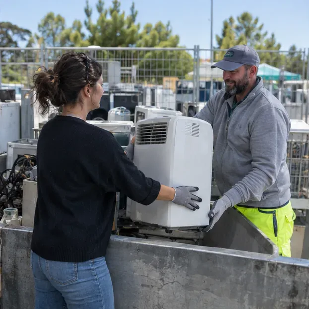 Un agent de déchèterie réceptionne un climatiseur mobile dans une zone destinée aux équipements électriques