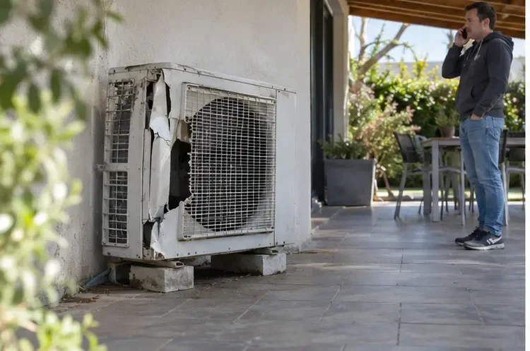 Climatiseur extérieur très endommagé isolé avant intervention