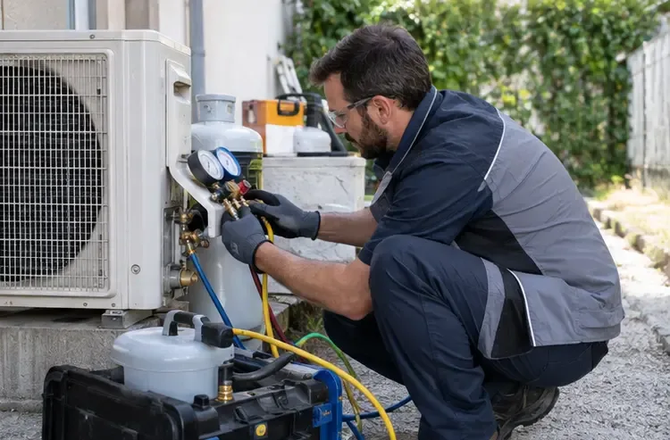 Récupération du fluide frigorigène par un technicien
