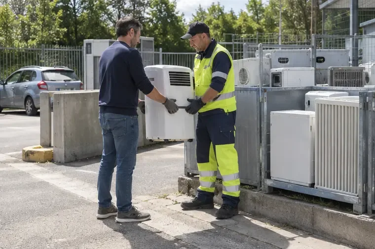 Un usager remet un climatiseur mobile à un agent d’accueil d’une déchèterie