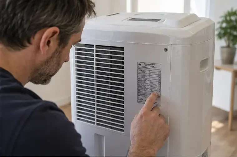 Une personne lit la plaque signalétique d’un climatiseur mobile sans ouvrir son boîtier